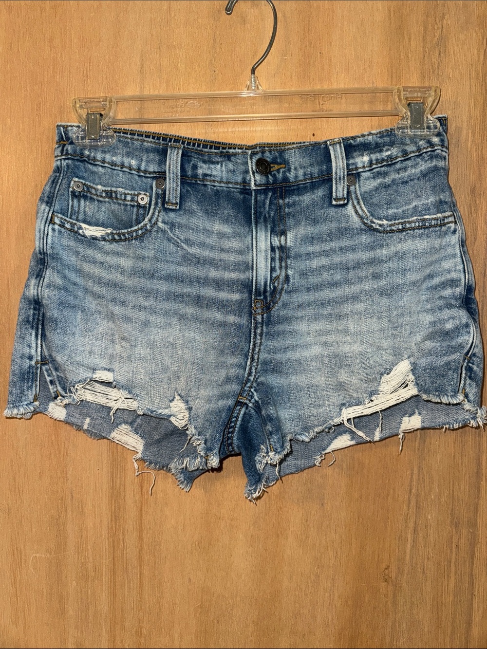 aerie Distressed Light Blue Denim Jean Shorts elastic back slits Junior Small